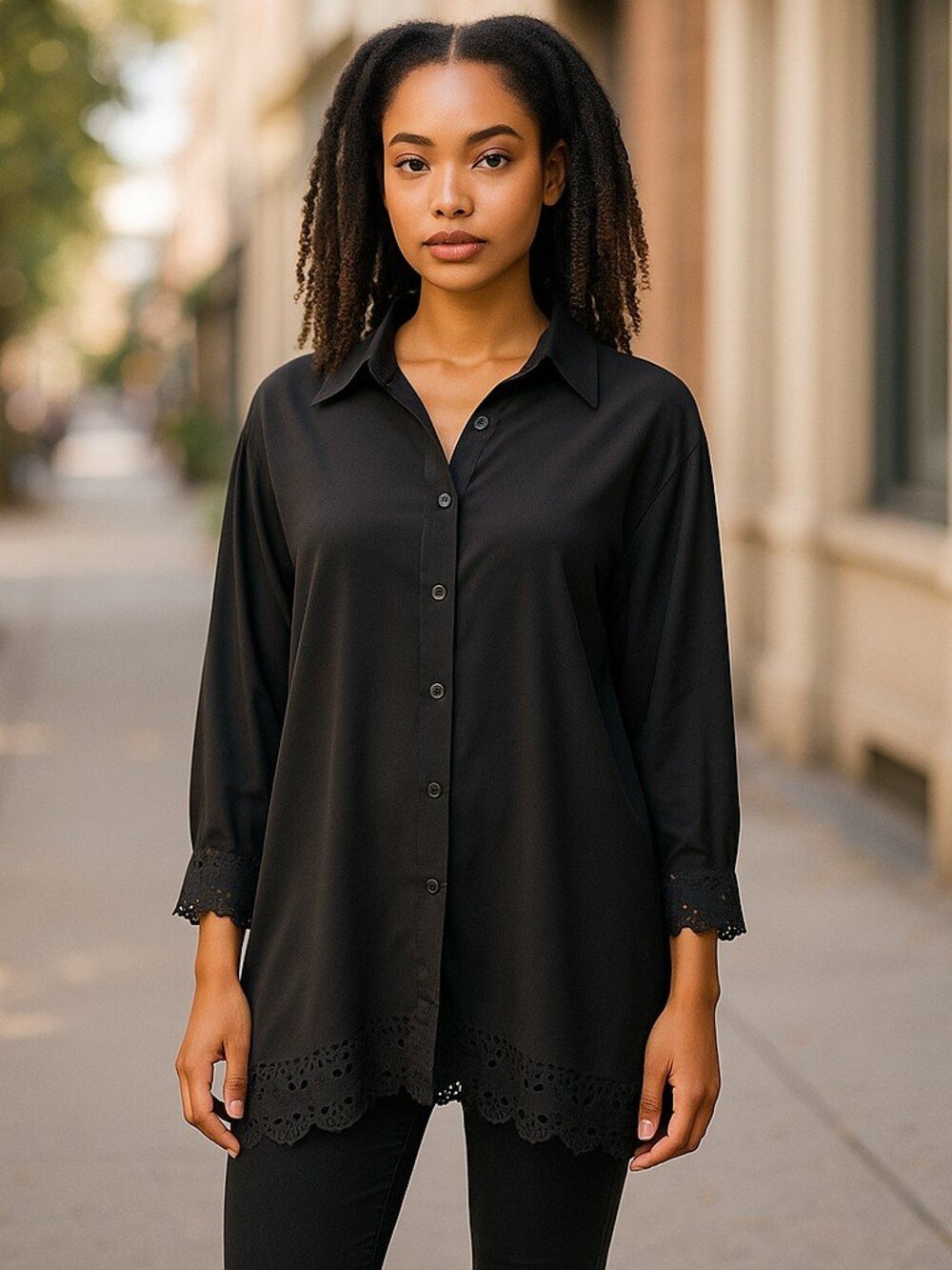 FORENZA Black Cut Out Silky Button Front Long Sleeve Tunic Blouse Ladies Large